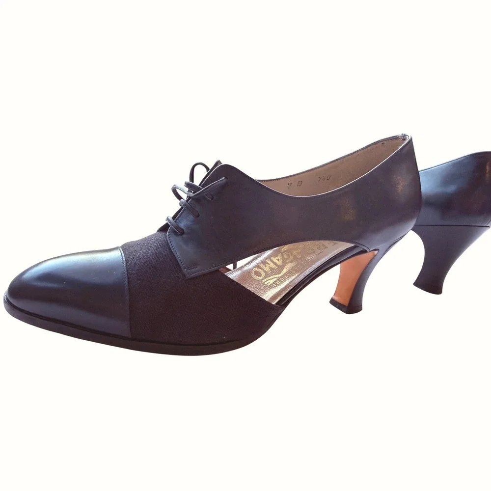 Salvatore Ferragamo Vintage Leather Fabric Lace Up D'Orsay Kitten Heels 7B Italy